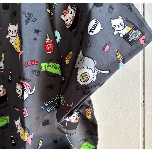 Dickie's Medical Whimsical Cat Sushi Woman's Size L Charcoal Nurse Scrub Top - Picture 4 of 9